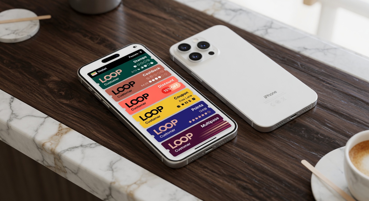 Realistic iPhone 17 Pro Max showing a beautiful Apple Wallet loyalty pass